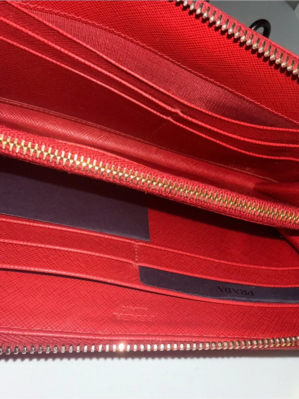 Prada Red Saffiano Zip Card Holder with Gold Logo